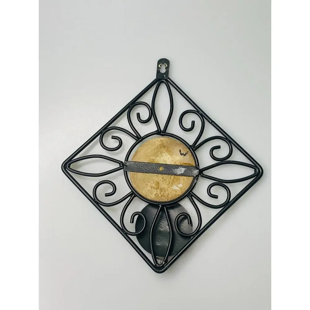 Black Metal Stone Medallion Diamond Shaped Tealight Candle Wall Sconce